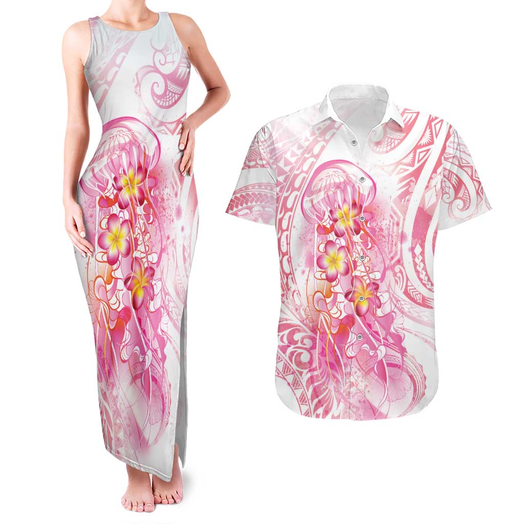 Rose Pink Polynesian Jellyfish Couples Matching Tank Maxi Dress and Hawaiian Shirt Watercolor Glows - Polynesian Pride