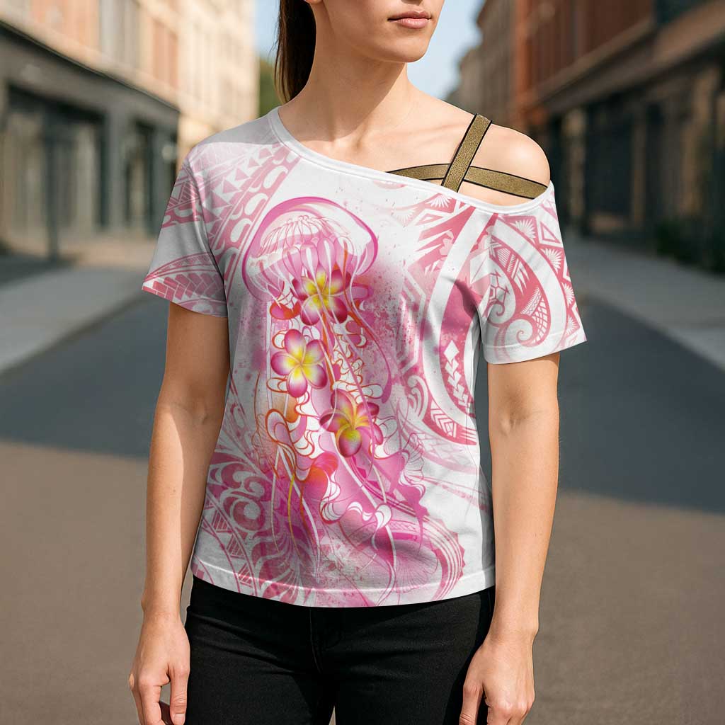 Rose Pink Polynesian Jellyfish Cross Shoulder Shirt Watercolor Glows - Polynesian Pride