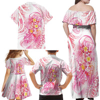 Rose Pink Polynesian Jellyfish Family Matching Off Shoulder Maxi Dress and Hawaiian Shirt Watercolor Glows - Polynesian Pride