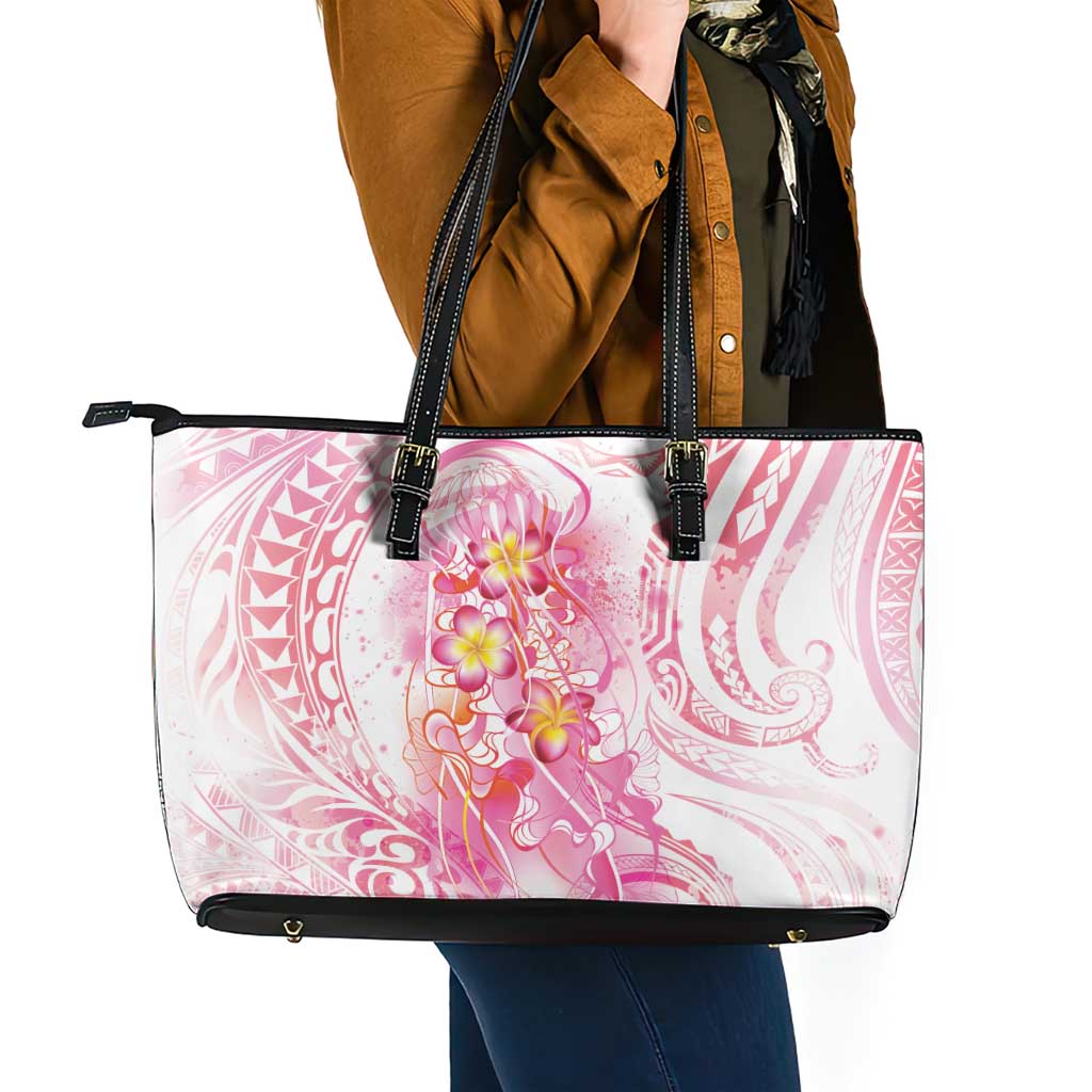 Rose Pink Polynesian Jellyfish Leather Tote Bag Watercolor Glows LT7 - Polynesian Pride