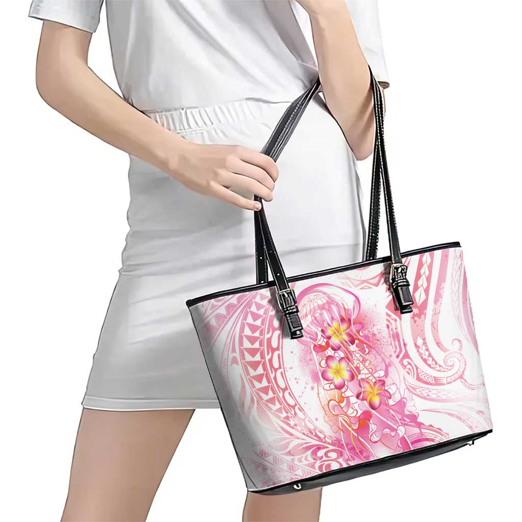 Rose Pink Polynesian Jellyfish Leather Tote Bag Watercolor Glows LT7 - Polynesian Pride