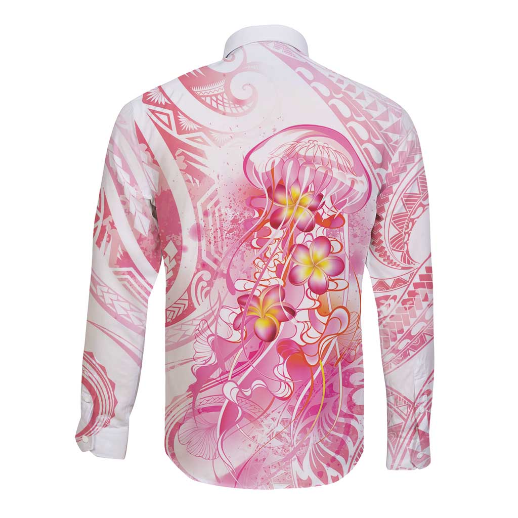 Rose Pink Polynesian Jellyfish Long Sleeve Button Shirt Watercolor Glows - Polynesian Pride