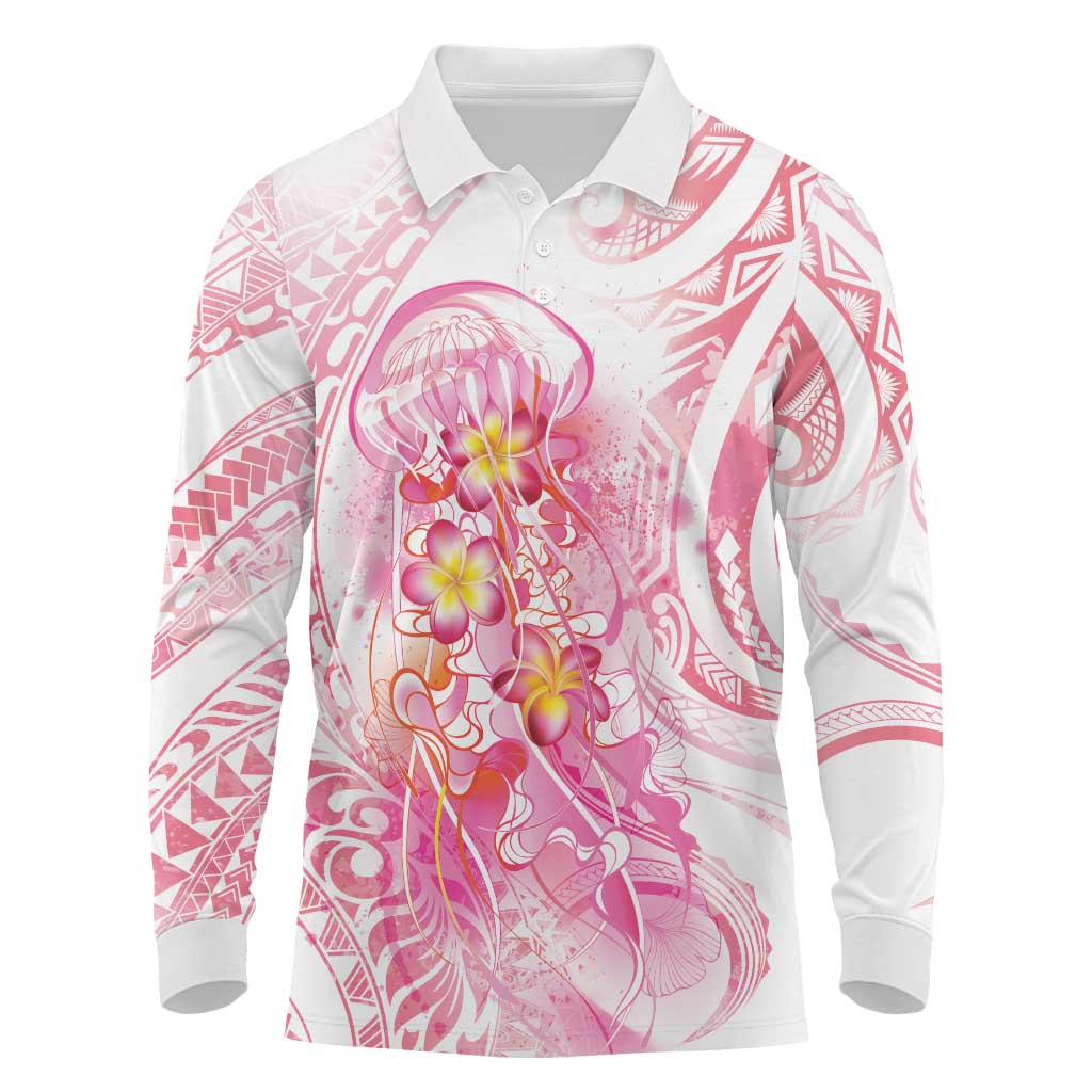 Rose Pink Polynesian Jellyfish Long Sleeve Polo Shirt Watercolor Glows - Polynesian Pride