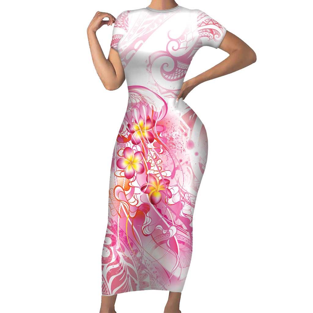 Rose Pink Polynesian Jellyfish Short Sleeve Bodycon Dress Watercolor Glows - Polynesian Pride