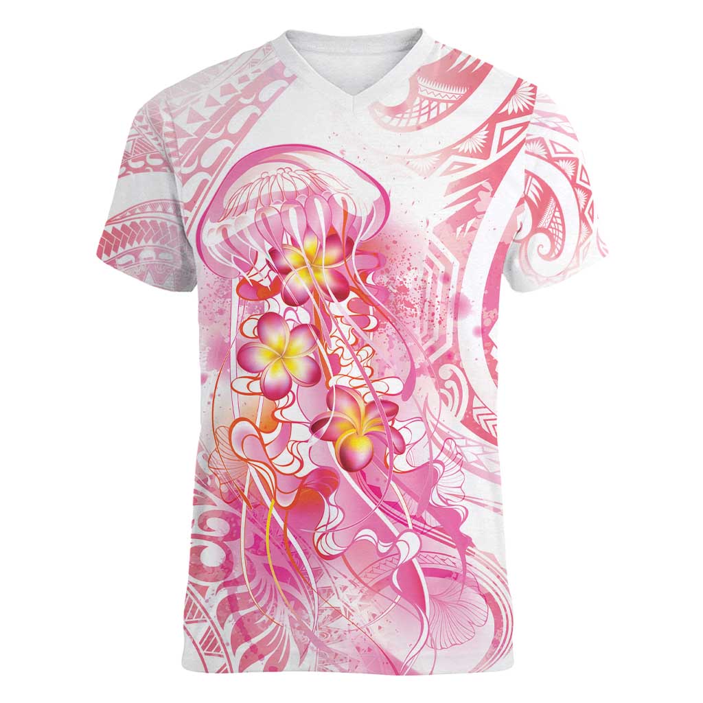 Rose Pink Polynesian Jellyfish Women V-Neck T-Shirt Watercolor Glows LT7 Female Rose Pink - Polynesian Pride