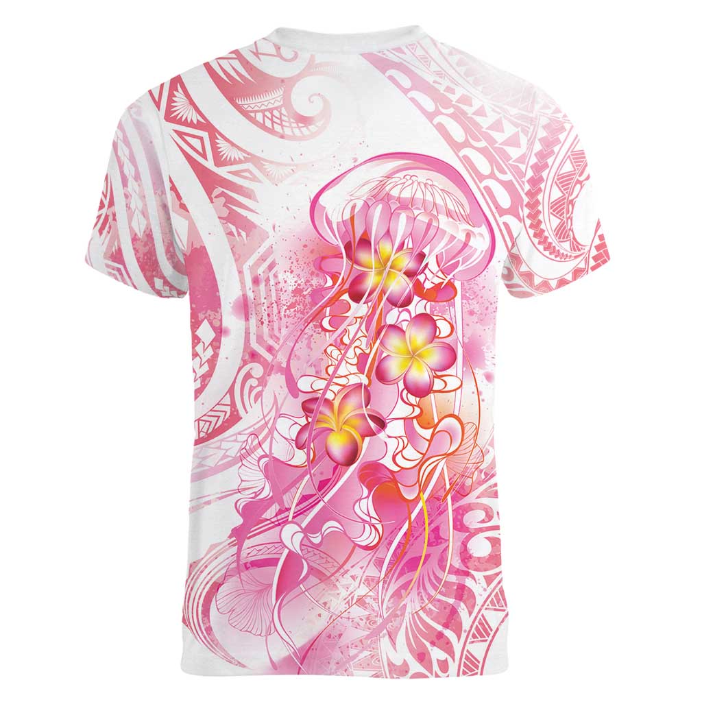 Rose Pink Polynesian Jellyfish Women V-Neck T-Shirt Watercolor Glows LT7 - Polynesian Pride