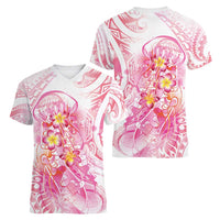 Rose Pink Polynesian Jellyfish Women V-Neck T-Shirt Watercolor Glows LT7 - Polynesian Pride