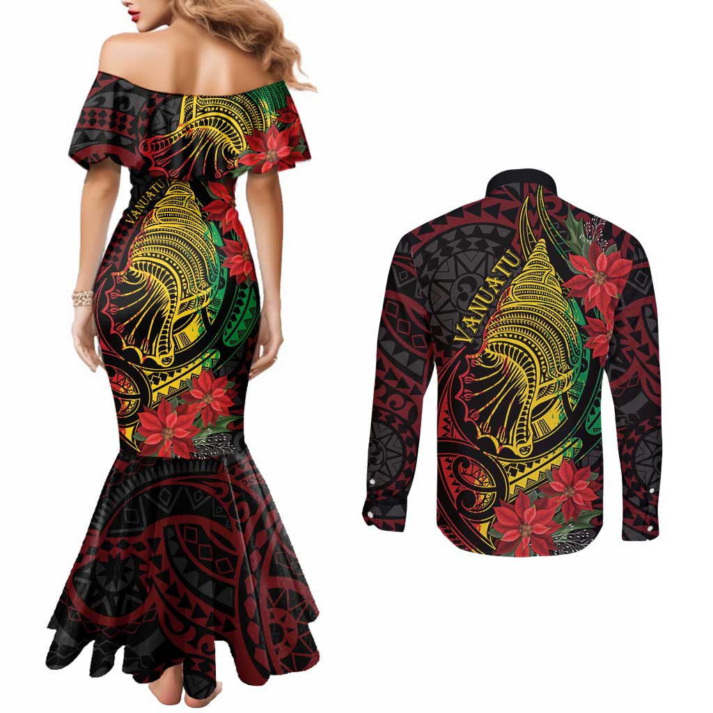 Vanuatu Meri Krismas Couples Matching Mermaid Dress and Long Sleeve Button Shirt Conch Shell Tribal Art