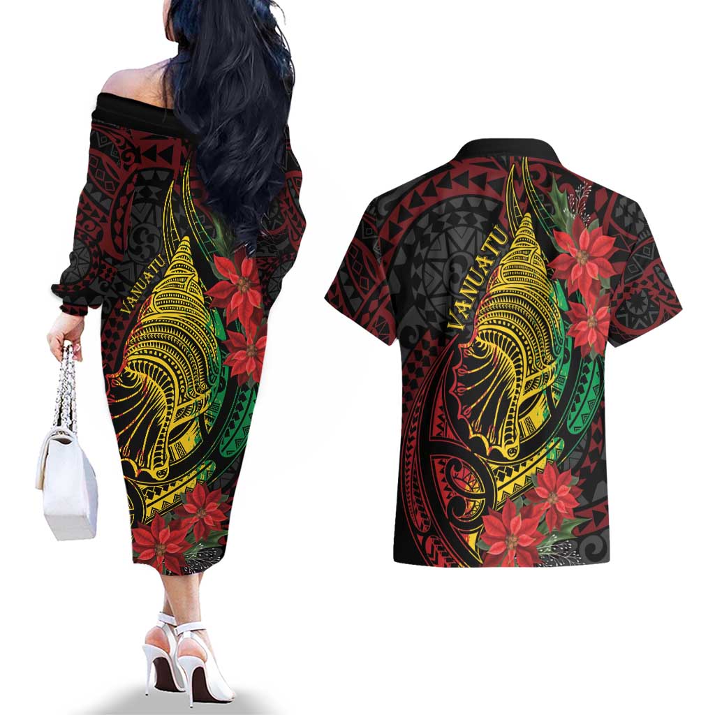 Vanuatu Meri Krismas Couples Matching Off The Shoulder Long Sleeve Dress and Hawaiian Shirt Conch Shell Tribal Art