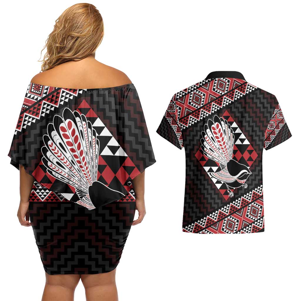 Taniko Aotearoa Couples Matching Off Shoulder Short Dress and Hawaiian Shirt Poutama Mix Piwakawaka