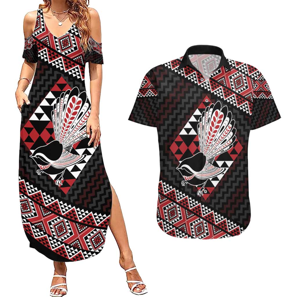 Taniko Aotearoa Couples Matching Summer Maxi Dress and Hawaiian Shirt Poutama Mix Piwakawaka