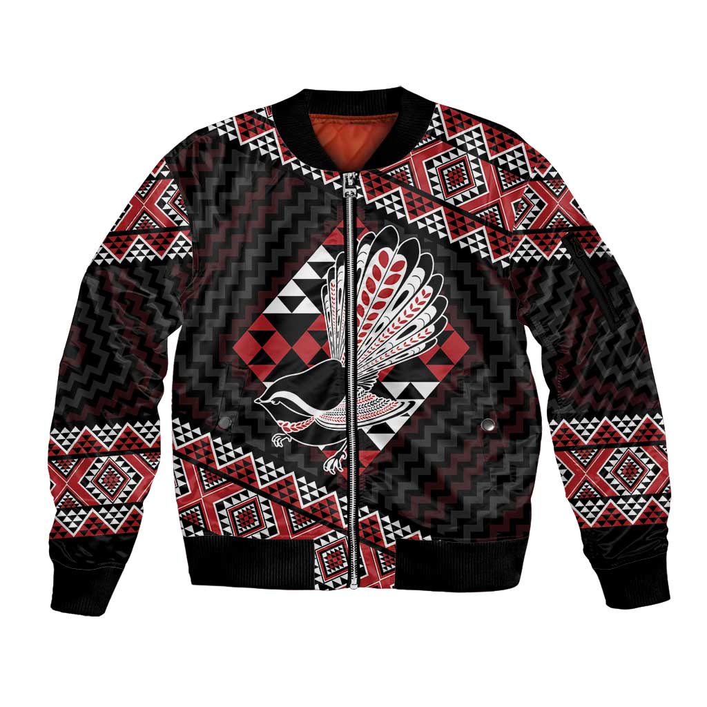 Taniko Aotearoa Sleeve Zip Bomber Jacket Poutama Mix Piwakawaka LT7 Unisex Red - Polynesian Pride
