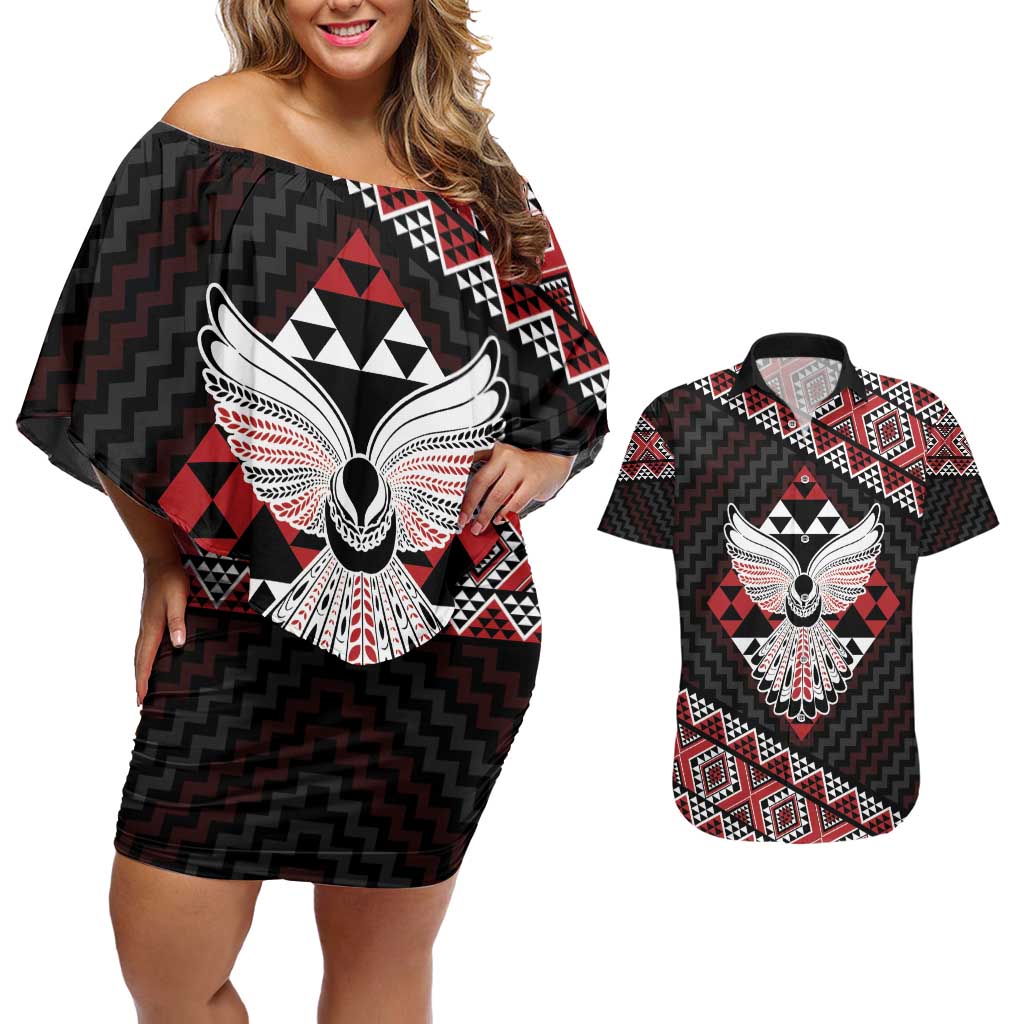 Taniko Aotearoa Couples Matching Off Shoulder Short Dress and Hawaiian Shirt Poutama Mix Piwakawaka - Ver02