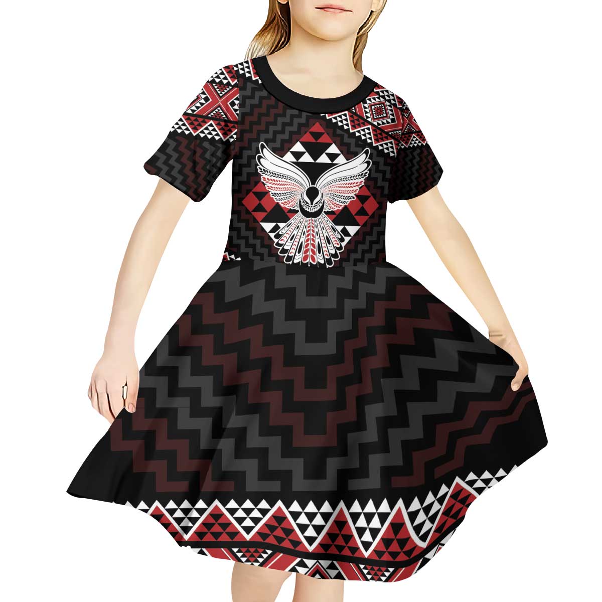 Taniko Aotearoa Kid Short Sleeve Dress Poutama Mix Piwakawaka - Ver02