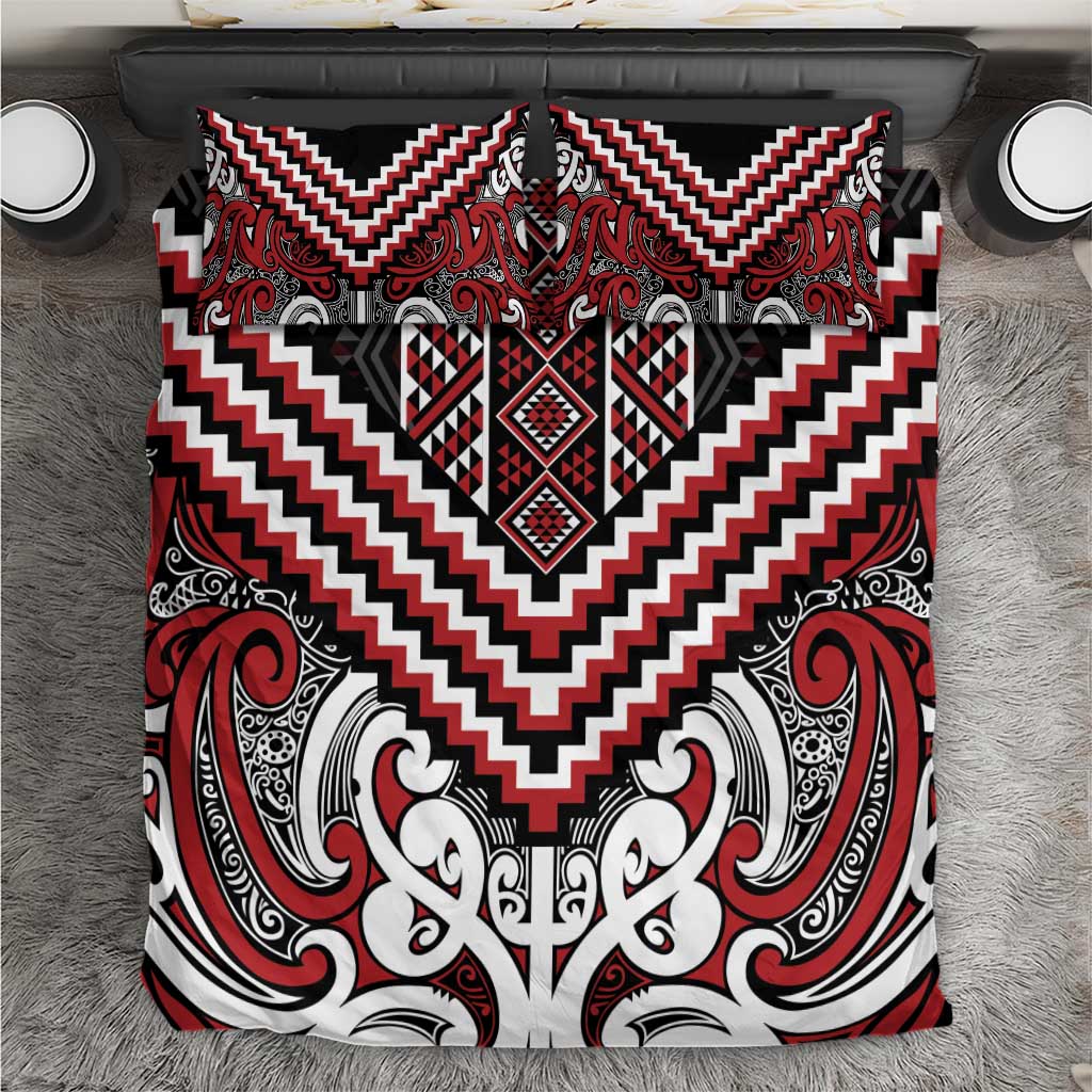 Maori Tukutuku Taniko Motifs Bedding Set Red Poutama Mix Kowhaiwhai
