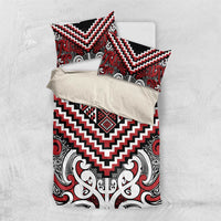 Maori Tukutuku Taniko Motifs Bedding Set Red Poutama Mix Kowhaiwhai