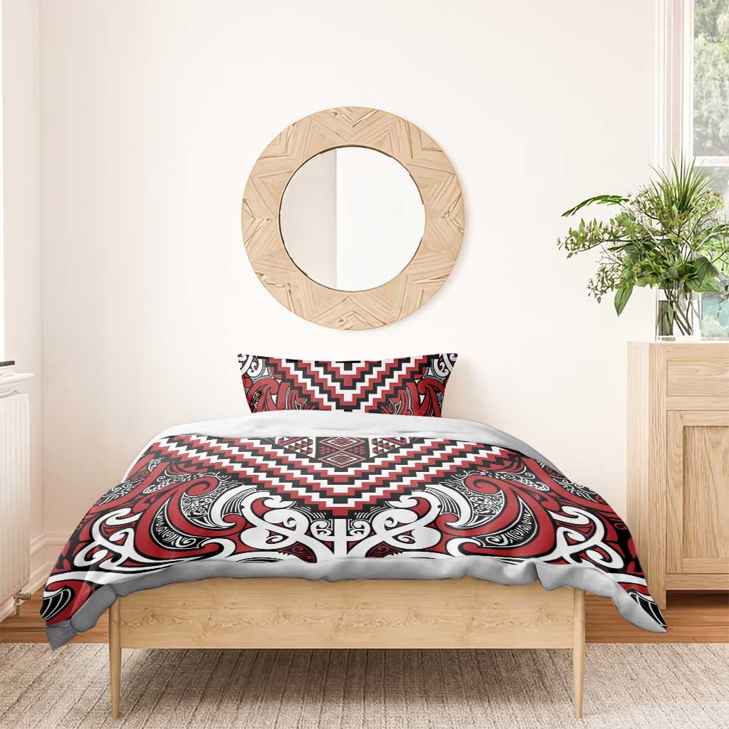 Maori Tukutuku Taniko Motifs Bedding Set Red Poutama Mix Kowhaiwhai