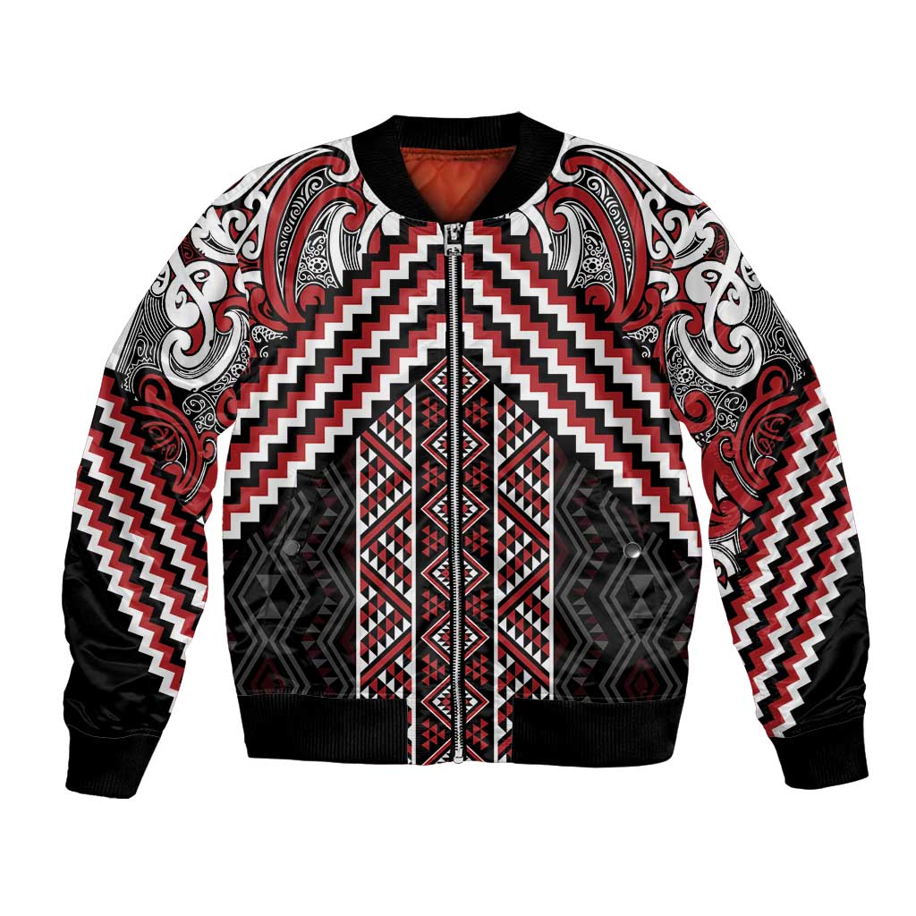Maori Tukutuku Taniko Motifs Bomber Jacket Red Poutama Mix Kowhaiwhai