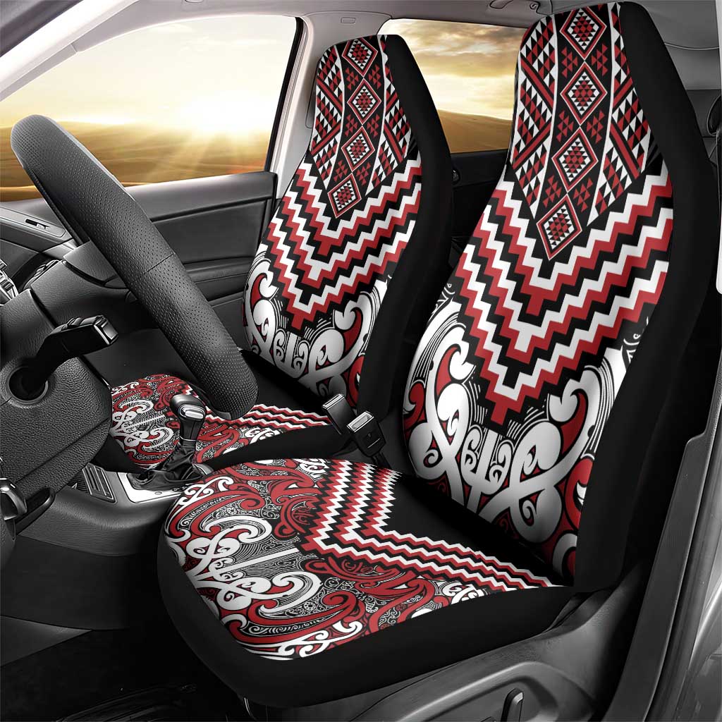 Maori Tukutuku Taniko Motifs Car Seat Cover Red Poutama Mix Kowhaiwhai