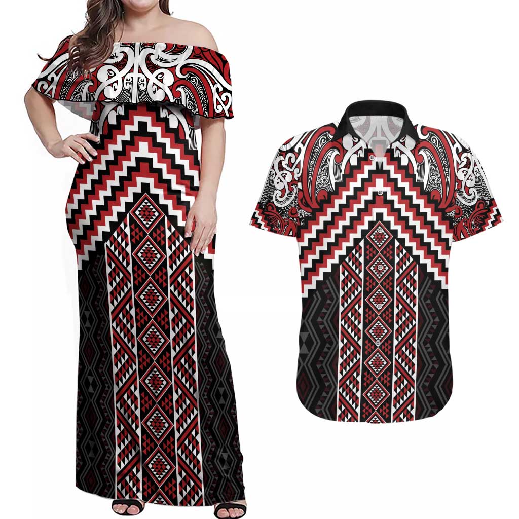Maori Tukutuku Taniko Motifs Couples Matching Off Shoulder Maxi Dress and Hawaiian Shirt Red Poutama Mix Kowhaiwhai