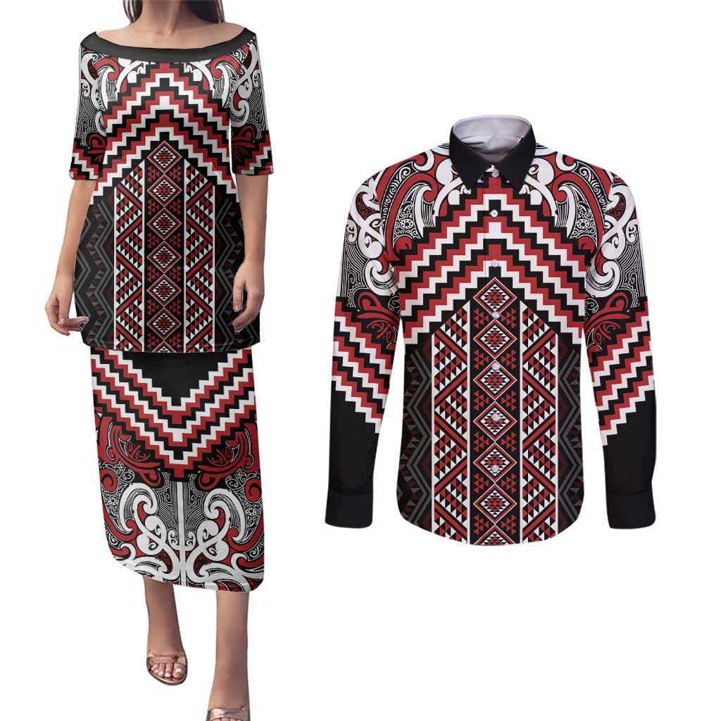 Maori Tukutuku Taniko Motifs Couples Matching Puletasi and Long Sleeve Button Shirt Red Poutama Mix Kowhaiwhai