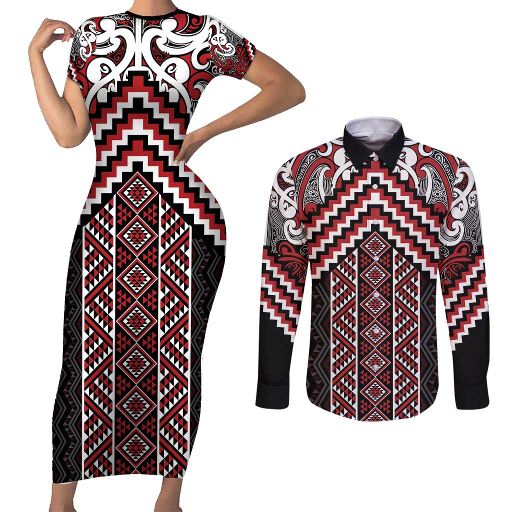 Maori Tukutuku Taniko Motifs Couples Matching Short Sleeve Bodycon Dress and Long Sleeve Button Shirt Red Poutama Mix Kowhaiwhai