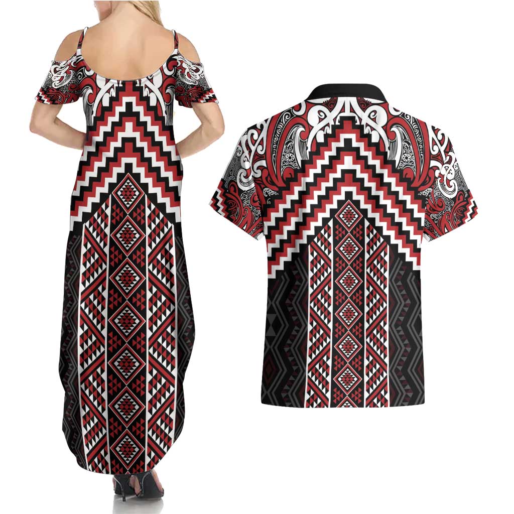 Maori Tukutuku Taniko Motifs Couples Matching Summer Maxi Dress and Hawaiian Shirt Red Poutama Mix Kowhaiwhai