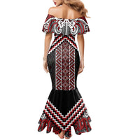 Maori Tukutuku Taniko Motifs Family Matching Mermaid Dress and Hawaiian Shirt Red Poutama Mix Kowhaiwhai