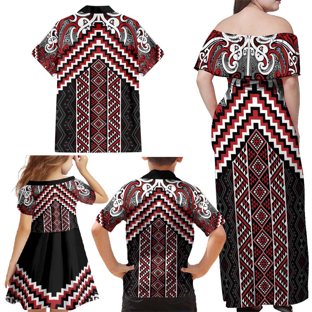 Maori Tukutuku Taniko Motifs Family Matching Off Shoulder Maxi Dress and Hawaiian Shirt Red Poutama Mix Kowhaiwhai