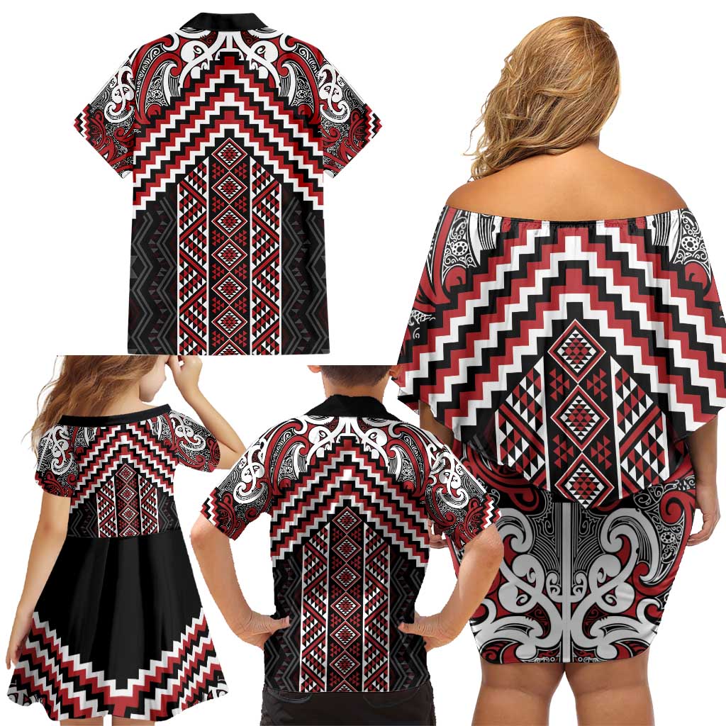 Maori Tukutuku Taniko Motifs Family Matching Off Shoulder Short Dress and Hawaiian Shirt Red Poutama Mix Kowhaiwhai