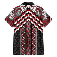 Maori Tukutuku Taniko Motifs Family Matching Off Shoulder Short Dress and Hawaiian Shirt Red Poutama Mix Kowhaiwhai