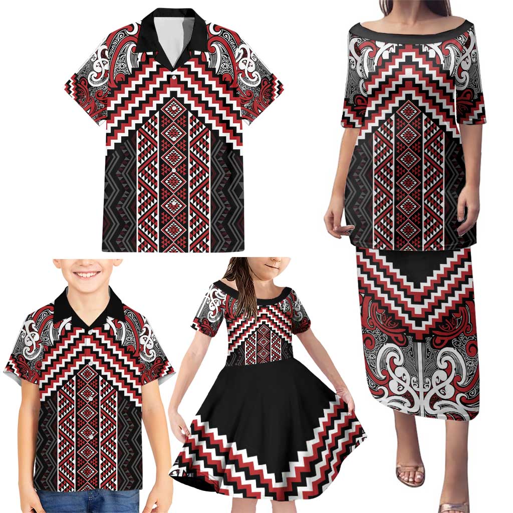 Maori Tukutuku Taniko Motifs Family Matching Puletasi and Hawaiian Shirt Red Poutama Mix Kowhaiwhai