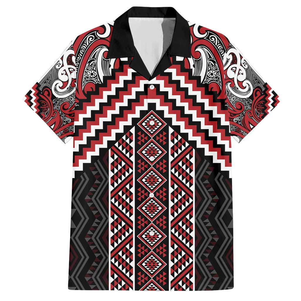 Maori Tukutuku Taniko Motifs Family Matching Short Sleeve Bodycon Dress and Hawaiian Shirt Red Poutama Mix Kowhaiwhai