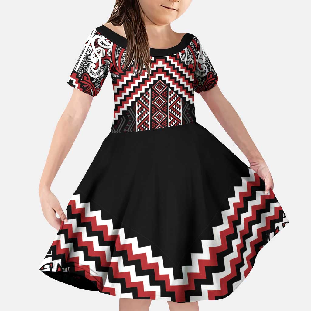 Maori Tukutuku Taniko Motifs Family Matching Tank Maxi Dress and Hawaiian Shirt Red Poutama Mix Kowhaiwhai LT7 Daughter's Dress Red - Polynesian Pride