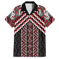 Maori Tukutuku Taniko Motifs Family Matching Tank Maxi Dress and Hawaiian Shirt Red Poutama Mix Kowhaiwhai LT7 Dad's Shirt - Short Sleeve Red - Polynesian Pride