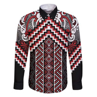 Maori Tukutuku Taniko Motifs Family Matching Tank Maxi Dress and Hawaiian Shirt Red Poutama Mix Kowhaiwhai LT7 Dad's Shirt - Long Sleeve Red - Polynesian Pride