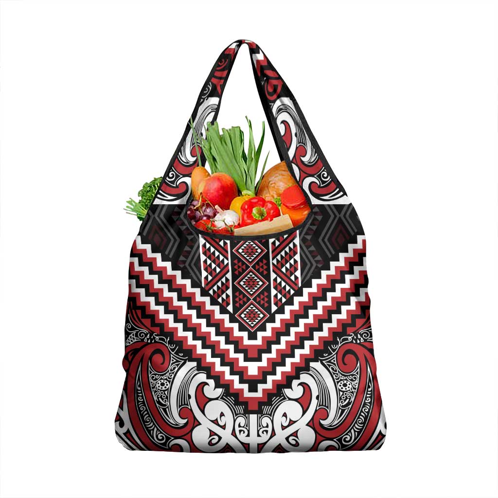 Maori Tukutuku Taniko Motifs Grocery Bag Red Poutama Mix Kowhaiwhai