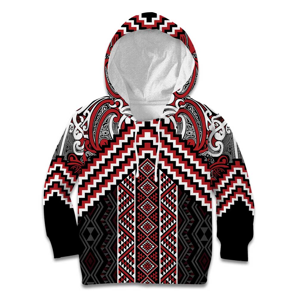 Maori Tukutuku Taniko Motifs Kid Hoodie Red Poutama Mix Kowhaiwhai