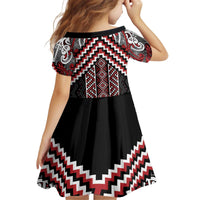 Maori Tukutuku Taniko Motifs Kid Short Sleeve Dress Red Poutama Mix Kowhaiwhai