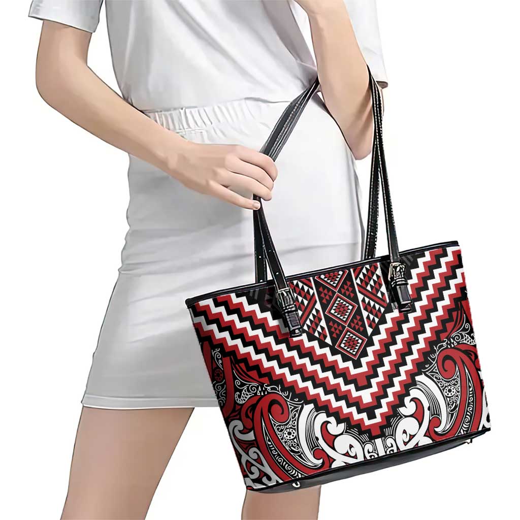 Maori Tukutuku Taniko Motifs Leather Tote Bag Red Poutama Mix Kowhaiwhai