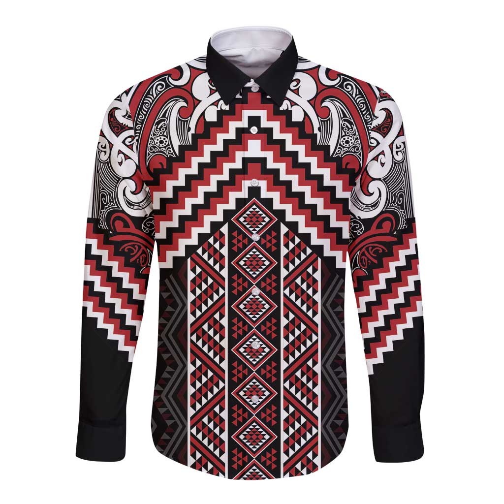 Maori Tukutuku Taniko Motifs Long Sleeve Button Shirt Red Poutama Mix Kowhaiwhai
