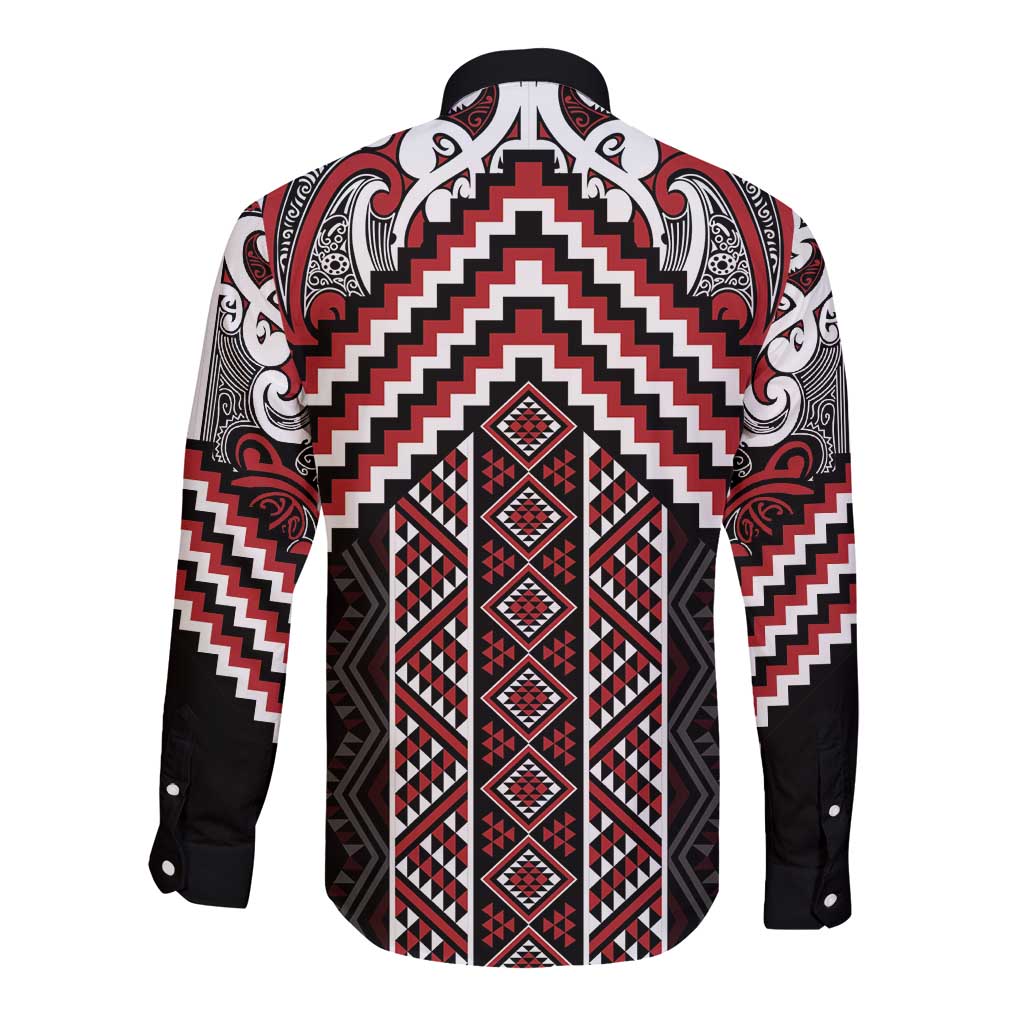 Maori Tukutuku Taniko Motifs Long Sleeve Button Shirt Red Poutama Mix Kowhaiwhai