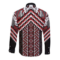 Maori Tukutuku Taniko Motifs Long Sleeve Button Shirt Red Poutama Mix Kowhaiwhai