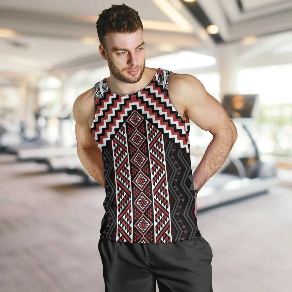 Maori Tukutuku Taniko Motifs Men Tank Top Red Poutama Mix Kowhaiwhai