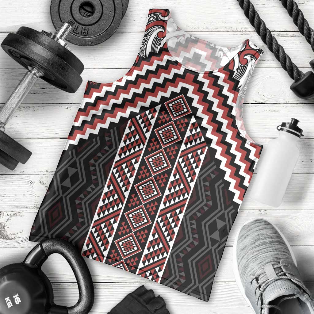 Maori Tukutuku Taniko Motifs Men Tank Top Red Poutama Mix Kowhaiwhai