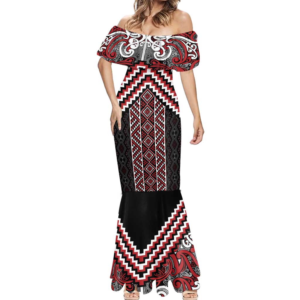 Maori Tukutuku Taniko Motifs Mermaid Dress Red Poutama Mix Kowhaiwhai