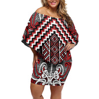 Maori Tukutuku Taniko Motifs Off Shoulder Short Dress Red Poutama Mix Kowhaiwhai