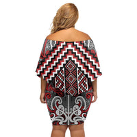 Maori Tukutuku Taniko Motifs Off Shoulder Short Dress Red Poutama Mix Kowhaiwhai