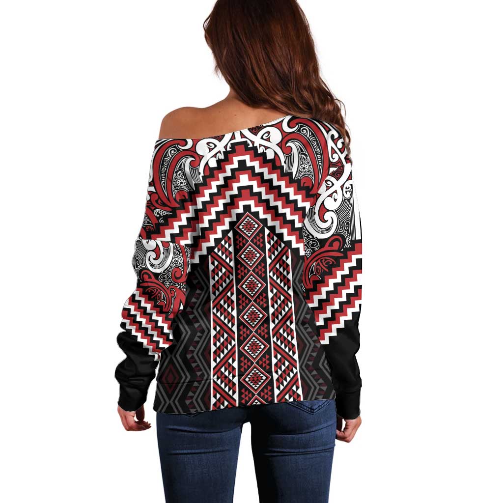Maori Tukutuku Taniko Motifs Off Shoulder Sweater Red Poutama Mix Kowhaiwhai