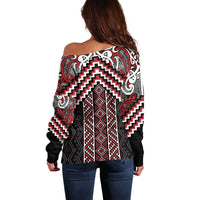 Maori Tukutuku Taniko Motifs Off Shoulder Sweater Red Poutama Mix Kowhaiwhai